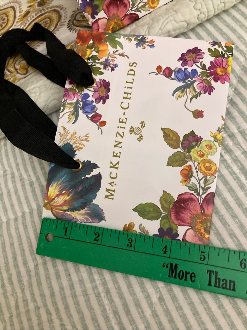 2- MINI MacKenzie-Childs Floral Gift Bags Black Grosgrain Ribbon Handles - Picture 5 of 7